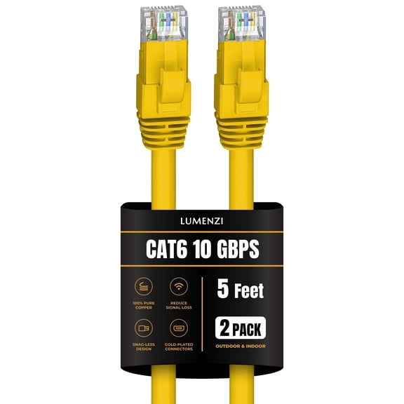 Cat 6 Ethernet Cable 5 FT in Yellow 2 Pack 10 Gbps Speed Network Round Rj45 Outdoor Indoor Direct Burial Bare Copper LAN Patch Cable for Router Gaming PS5 XBOX Printer Computer CCTV Switch