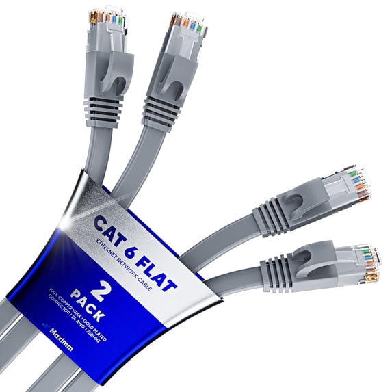 Cat6 Ethernet Cable 50ft, 2-Pack Gray - Flat High-Speed Network Cables for Gaming, Streaming, Router, Modem, PC, PS5, Xbox - Durable & Space-Saving Design