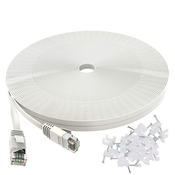 Cat 6 Ethernet Cable 50 ft White-Flat Internet Network Lan patch cords Solid Cat6 High Speed Computer wire With clips& Snagless Rj45 Connectors for Router, modem faster than Cat5e/Cat5 - 50 feet