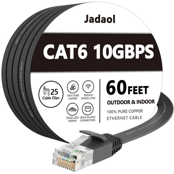 Cat 6 Ethernet Cable 60 ft, 10Gbps Support Cat8 Cat7 Network, Flat RJ45 LAN Patch Cable, High-Speed Wired Internet Cable for Router, Modem, , Gaming Consoles, PC, Streaming Devices, Black