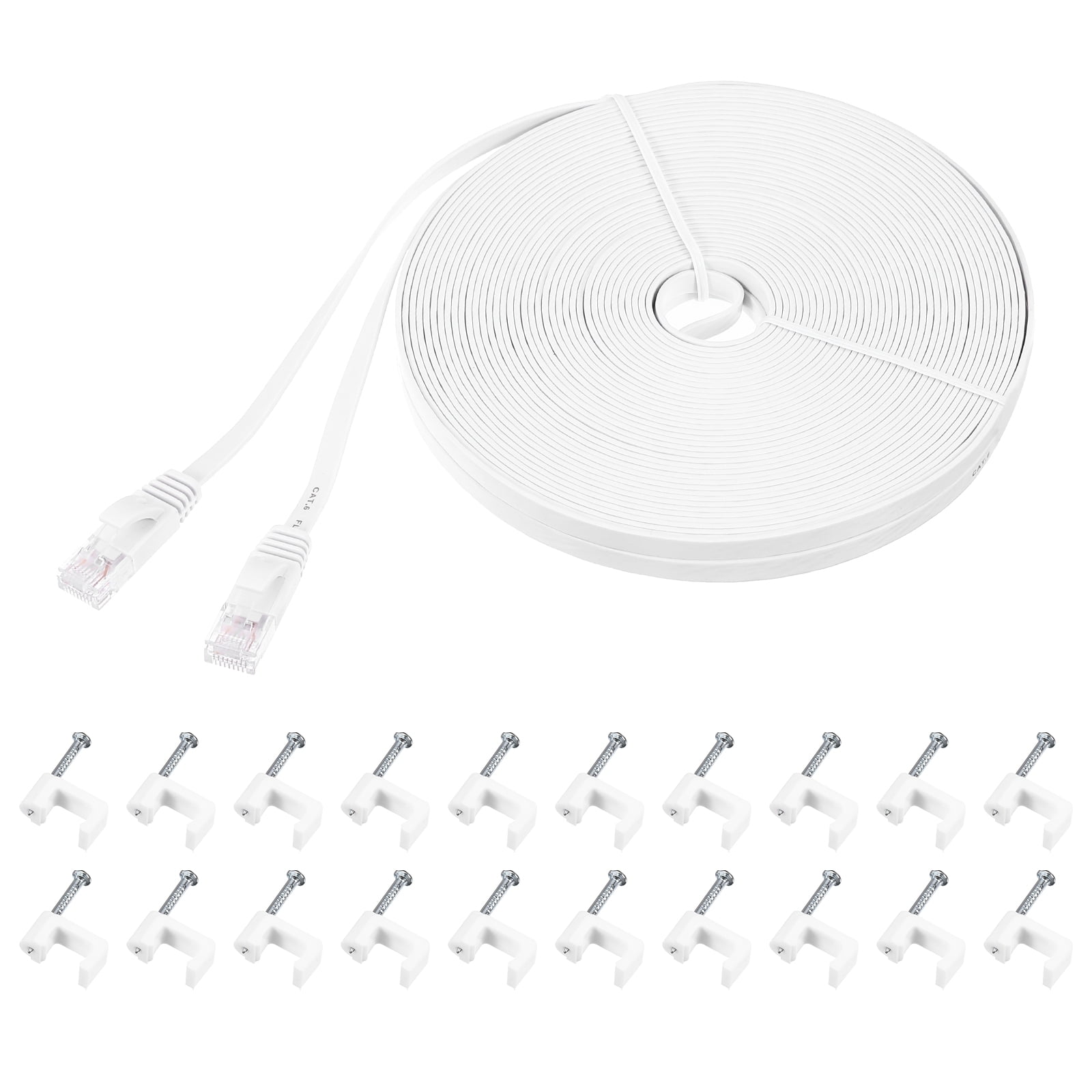 Cat 6 Ethernet Cable 66ft, 32AWG 250MHz Flat High Speed RJ45 Cat6 Internet Network Patch Cord with Clips , White