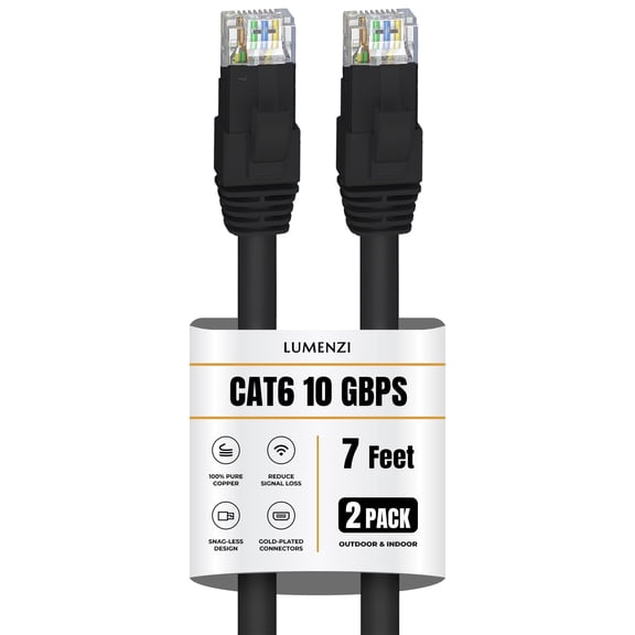 Cat 6 Ethernet Cable 7 FT in Black 2 Pack 10 Gbps Speed Network Round Rj45 Outdoor Indoor Direct Burial Bare Copper LAN Patch Cable for Router Gaming PS5 XBOX Printer Computer CCTV Switch