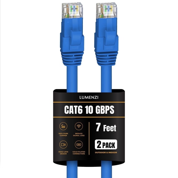 Cat 6 Ethernet Cable 7 FT in Blue 2 Pack 10 Gbps Speed Network Round Rj45 Outdoor Indoor Direct Burial Bare Copper LAN Patch Cable for Router Gaming PS5 XBOX Printer Computer CCTV Switch