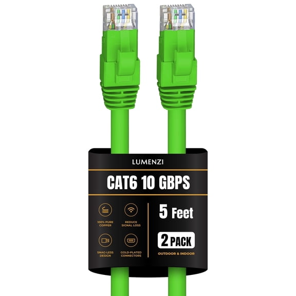 Lumenzi Cat 6 Ethernet Cable, 7 ft, 2 Pack, 10 Gbps, Green, Round, Outdoor/Indoor, RJ45 Network Patch Cord