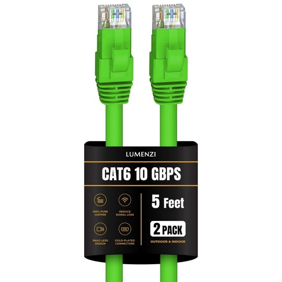 Cat 6 Ethernet Cable 7 FT in Green 2 Pack 10 Gbps Speed Network Round Rj45 Outdoor Indoor Direct Burial Bare Copper LAN Patch Cable for Router Gaming PS5 XBOX Printer Computer CCTV Switch