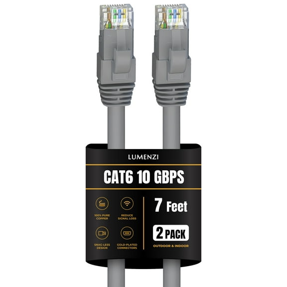 Cat 6 Ethernet Cable 7 FT in Grey 2 Pack 10 Gbps Speed Network Round Rj45 Outdoor Indoor Direct Burial Bare Copper LAN Patch Cable for Router Gaming PS5 XBOX Printer Computer CCTV Switch