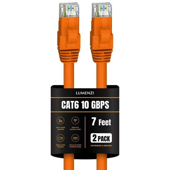 Cat 6 Ethernet Cable 7 FT in Orange 2 Pack 10 Gbps Speed Network Round Rj45 Outdoor Indoor Direct Burial Bare Copper LAN Patch Cable for Router Gaming PS5 XBOX Printer Computer CCTV Switch