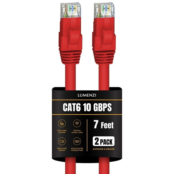 Cat 6 Ethernet Cable 7 FT in Red 2 Pack 10 Gbps Speed Network Round Rj45 Outdoor Indoor Direct Burial Bare Copper LAN Patch Cable for Router Gaming PS5 XBOX Printer Computer CCTV Switch