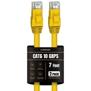 Cat 6 Ethernet Cable 7 FT in Yellow 2 Pack 10 Gbps Speed Network Round Rj45 Outdoor Indoor Direct Burial Bare Copper LAN Patch Cable for Router Gaming PS5 XBOX Printer Computer CCTV Switch