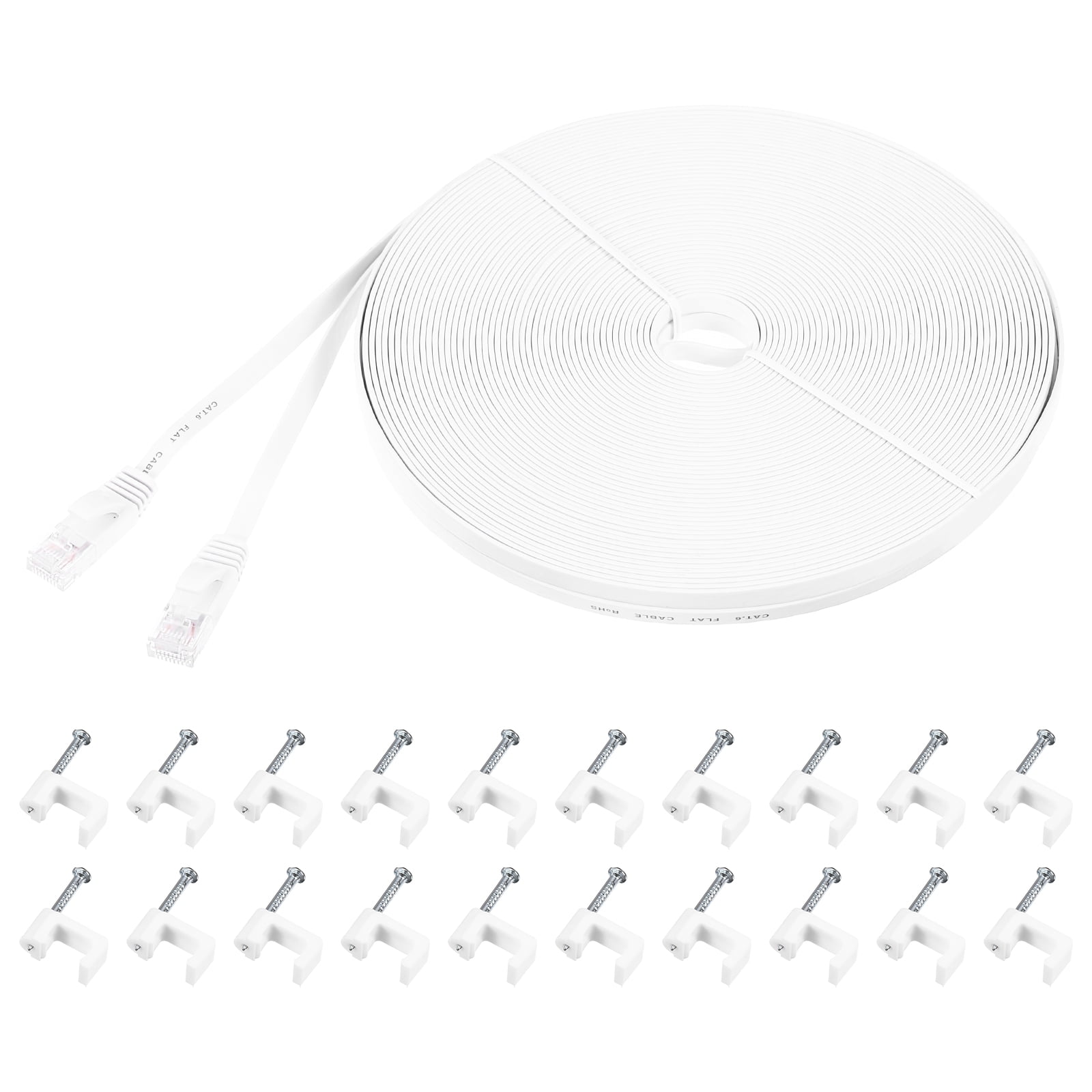 Cat 6 Ethernet Cable 98ft, 32AWG 250MHz Flat High Speed RJ45 Cat6 Internet Network Patch Cord with Clips , White