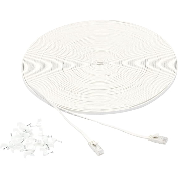 Cat 6 Ethernet RJ45 10Gbps Flat Network Cable, 100ft Snagless with Gold-Plated Connectors, Outdoor & Indoor Solid Patch Cord with Clips for Router, Modem, Gaming, Computer, White