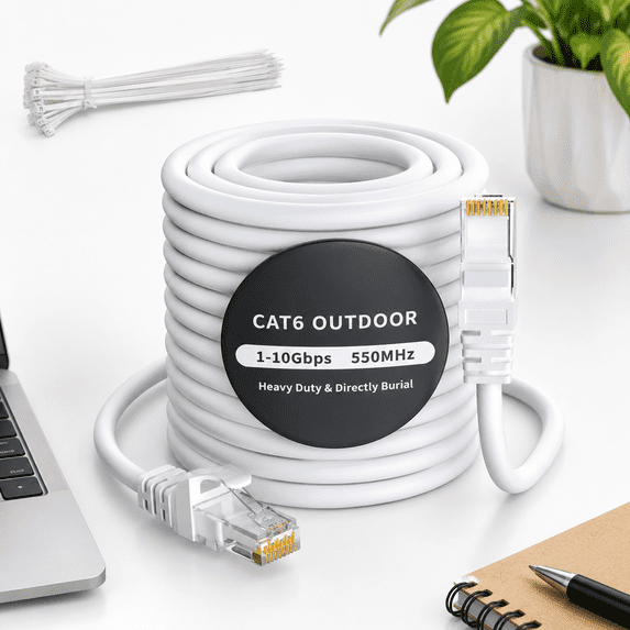 Cat 6 Outdoor Ethernet Cable 200 Ft White High Speed Heavy Duty Long ...