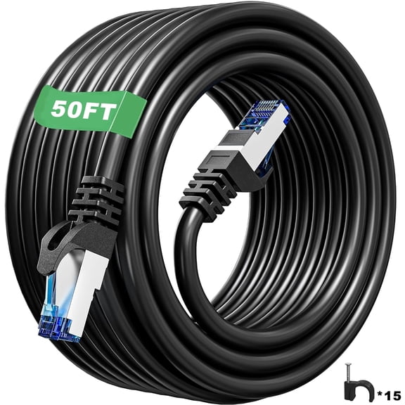 Cat 6 Outdoor Ethernet Cable 50ft, Cat 6 Shielded Cable 23 AWG, RJ45 Connectors, Direct Burial, Waterproof, UV Resietant, LAN Network Cable for Router Gaming Modem, CCA Copper Clad, Black