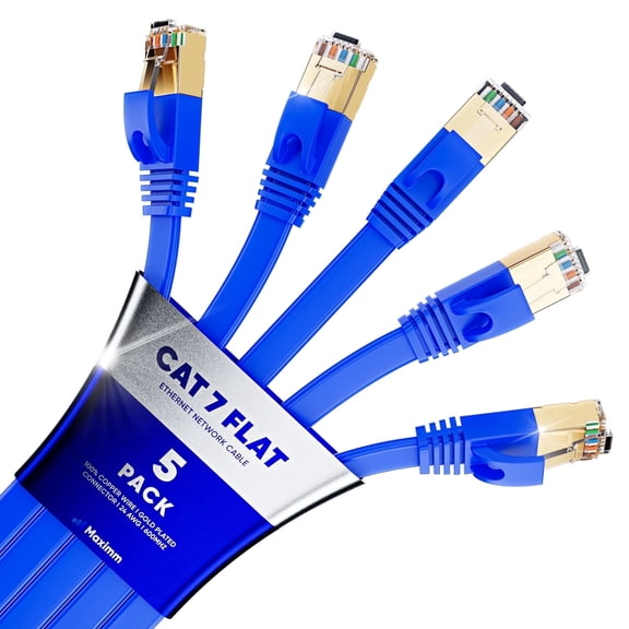 Maximm Cat7 High-Speed Flat Ethernet Cable, 12 ft, Blue, 5-Pack