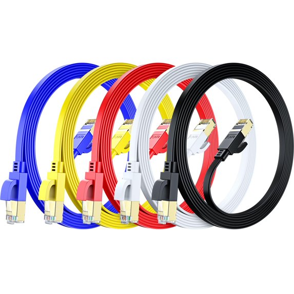 Cat 8 Ethernet Cable 10 ft, Flat Cable with Gold-Plated RJ45 Connector, LAN Internet Cable, Network Cable for Modems, Routers, High Speed, Multicolor (5 Pack)