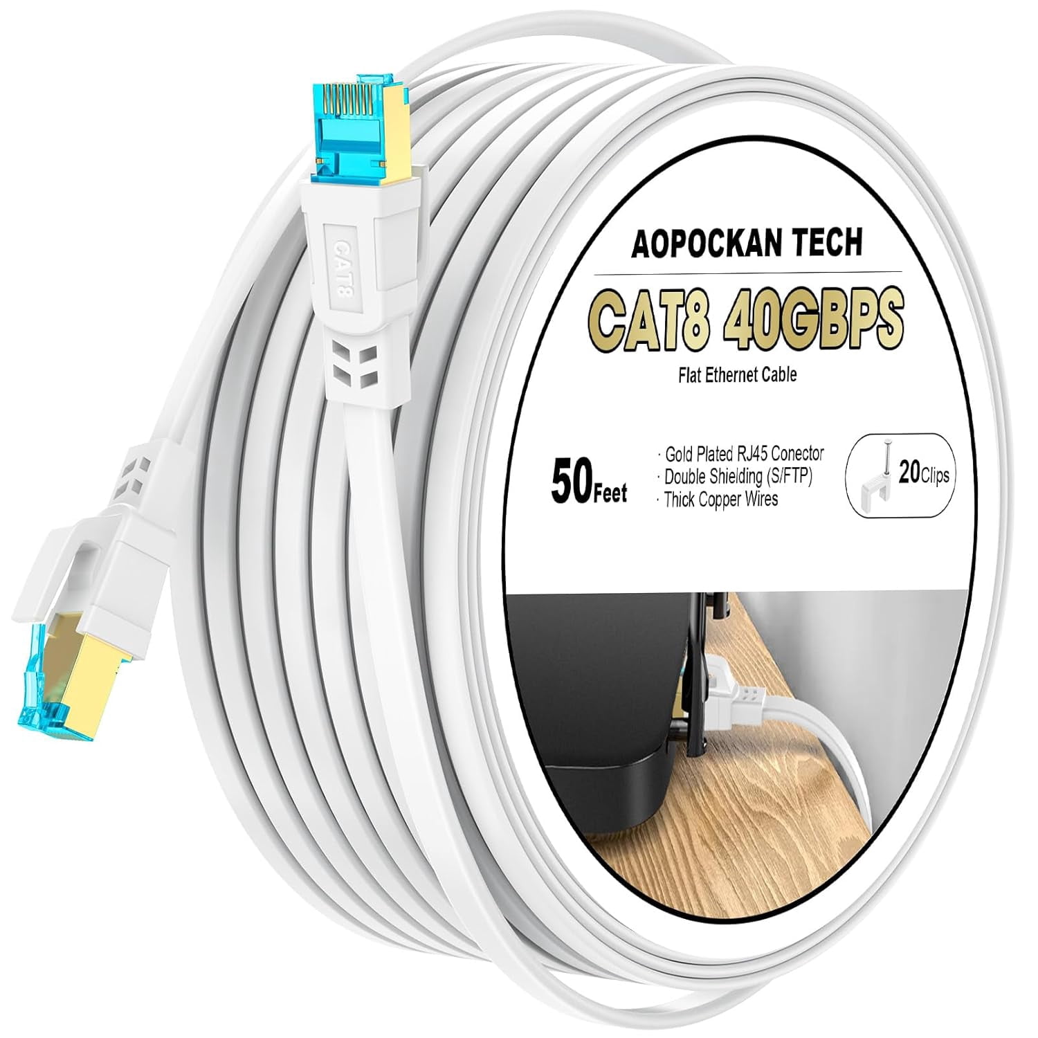 Cat 8 Ethernet Cable 50 FT, Heavy Duty High Speed 40Gbps 2000Mhz Internet Network Patch Cord, RJ45 Shielded Flat LAN Cable, Outdoor&Indoor Weatherproof S/FTP UV Resistant for Gaming, Router, Modem