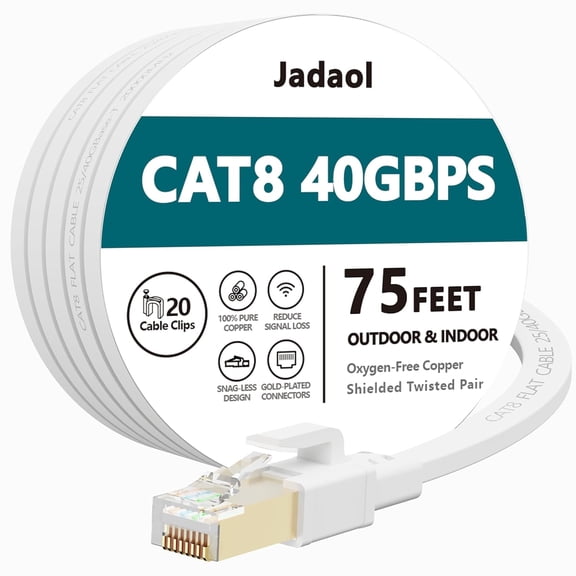 Cat 8 Ethernet Cable 75 ft, 40Gbps 2000MHz Flat RJ45 S/FTP LAN Patch Cable, High-Speed Cat8 Network Cable for Router, Modem, Switch, Gaming Consoles, PC, Home Network & Streaming Devices, White