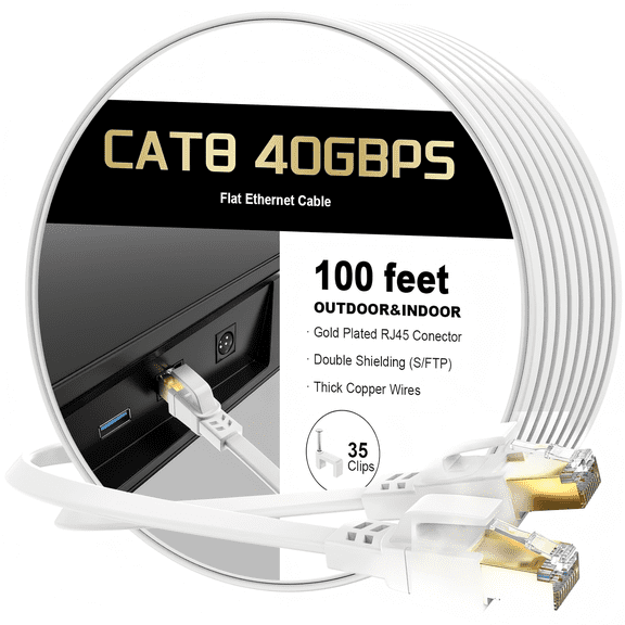 Cat 8 Ethernet Cable Flat Design 40Gbps 2000Mhz High Speed Flat Cat8 Cable Patch Cord with Gold-Plated RJ55 Connector, S/STP,LAN Network Internet Cable for Router/Gaming/Computer