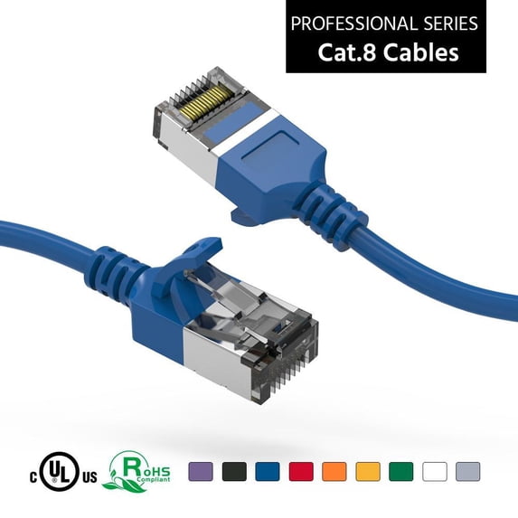 Cat 8 U/FTP Slim Ethernet Network Cable, 30AWG, Blue - 5ft