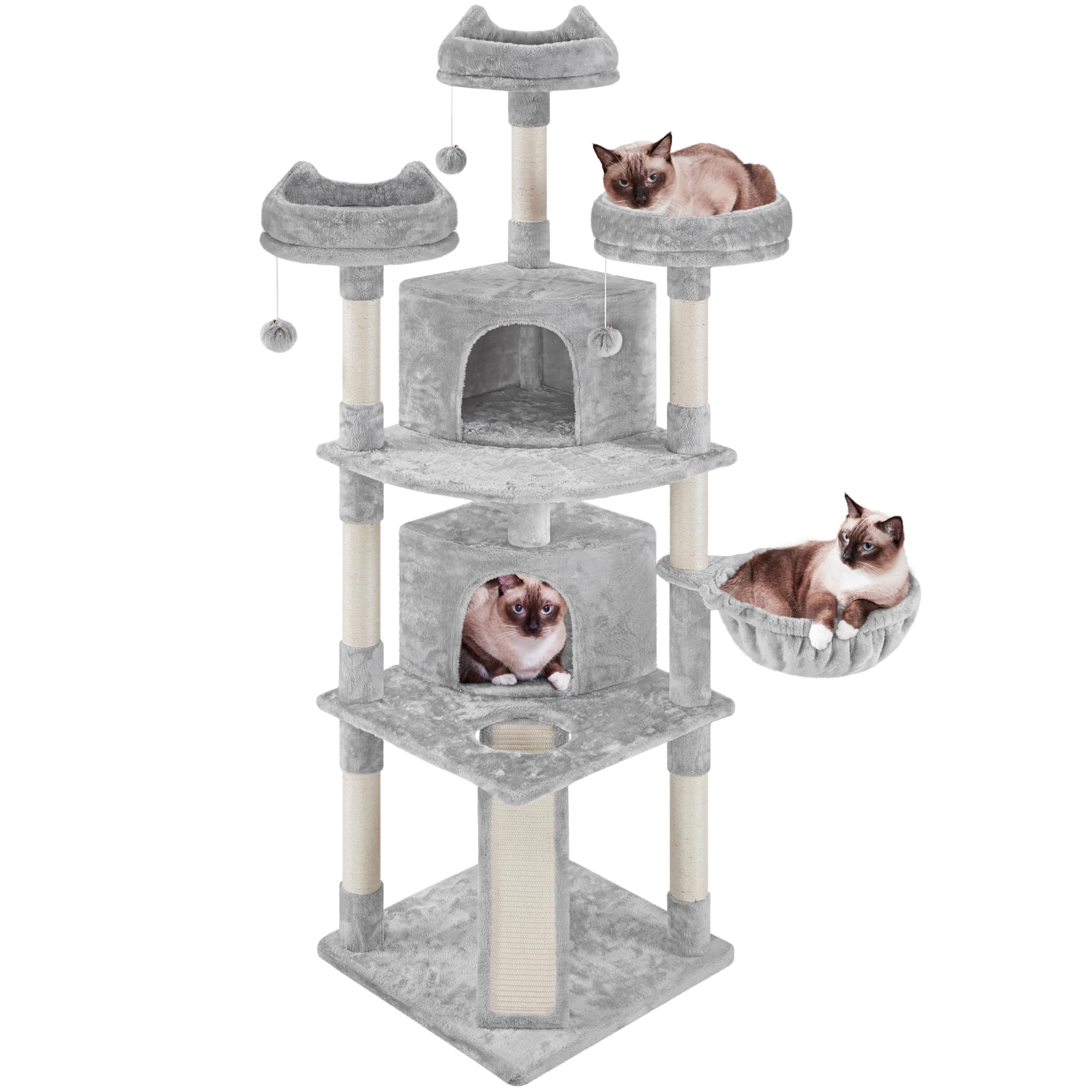 Cat Tower Cat Tree 76 Inches Tall with Condos Perches Basket Scratching Posts for Multiple Cats, Plush Cat Activity Center Playhouse for Kittens, Light Gray