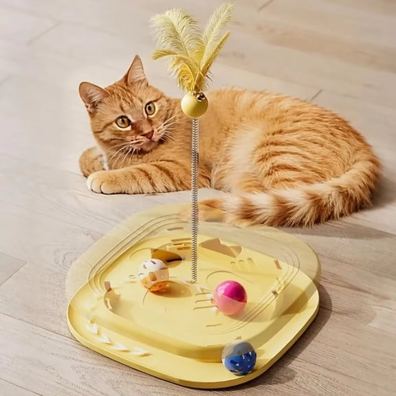 Cat Activity Play Disc with Feather Wand and Bell Teaser, Interactive Self Play Toy for Kittens, Boredom Relief Exercise Turntable with Rolling Ball Track