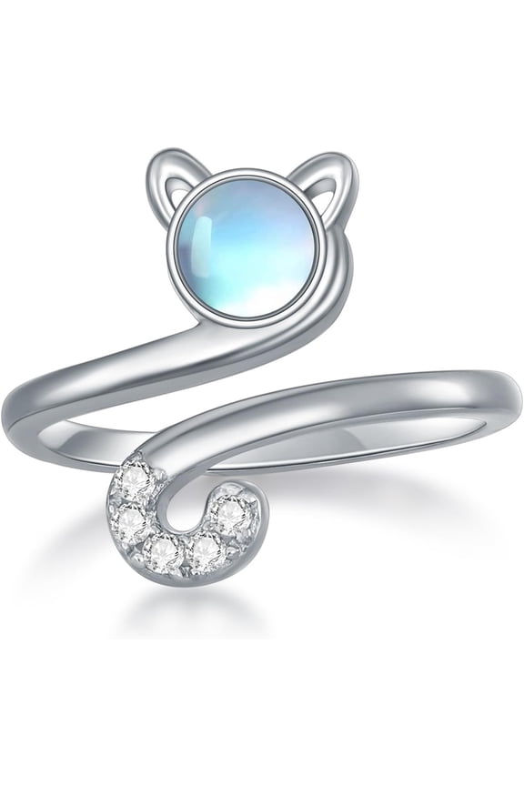 Cat Adjustable Ring with Moonstone for Women 925 Sterling Silver Cute Cat Animal Open Rings Birthday Jewelry Gifts for Her