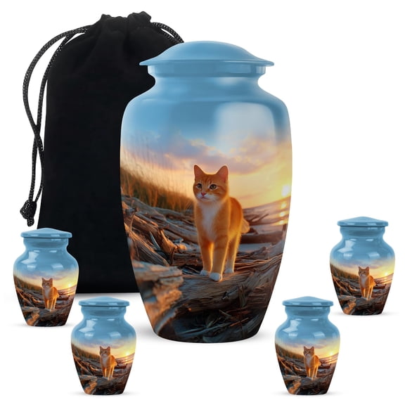 Cat Adult Cremation Funeral Urn for Human Ashes, Keepsake Memorial Gift for Father & Mother, Beautiful Handcrafted Small Urns for Ash, Combo, Blue (10 Inch & 3 Inch Mini Set of 3)