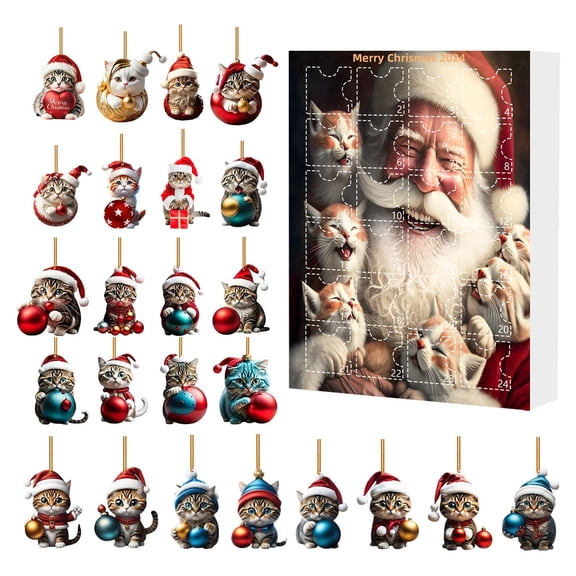 Cat Advent Calendar 2024 for Cat Lover, Christmas Tree 2D Acrylic Cute Cat Pendants Decorations Christmas Advent Calendar 2024, Xmas Countdown Gift Party Favors for Kids (Style C)