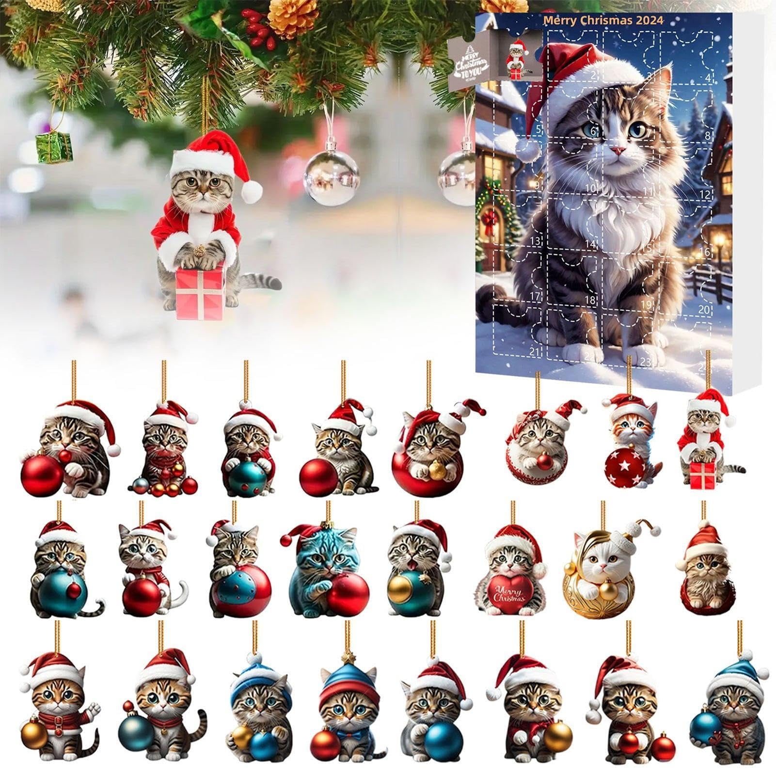 Cat Advent Calendars 2025,24 Days Christmas Countdown With 2D Acrylic Pendants,Cute Kitten Pendant Advent Calendars,Cartoon Kitten Christmas Tree Decorations Countdown Calendar For Cats Lovers (A