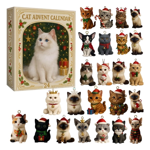 Cat Advent Calendar 2026,24Pcs 2D Acrylic Christmas Kitten Ornaments Countdown Calendar, Assorted Breeds Cute Cat with Santa Hat Themed Christmas Tree Hanging Decor, Holiday Collectible Gift for Cat