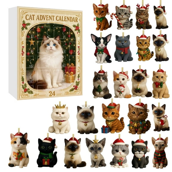 Cat Advent Calendar with 24 Christmas Ornaments, Holiday Countdown Calendar Box,Cute Xmas Kitten Decor for Tree, Festive Cat Decorations for Tree, Winter Christmas Countdown Gift for Cat Owners