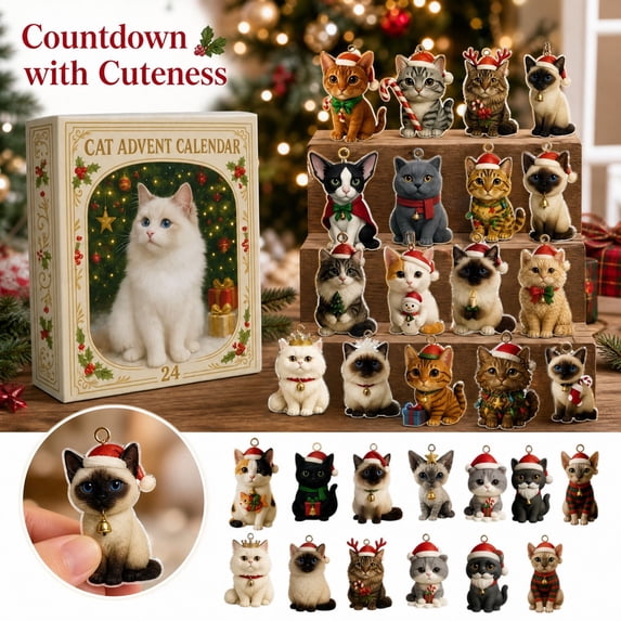 Cat Advent Calendar, 2D Acrylic Ornament Set, 24-Piece Christmas Countdown for Cat Lovers