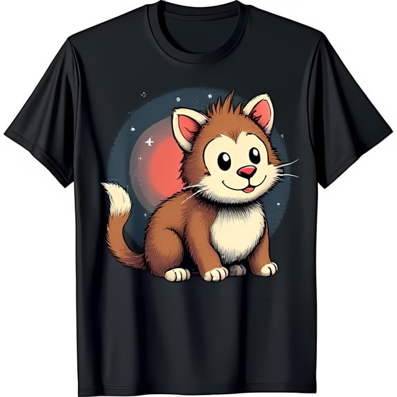 Cat Adventure Black T-Shirt Brown Cartoon Cat Gazing at Stars
