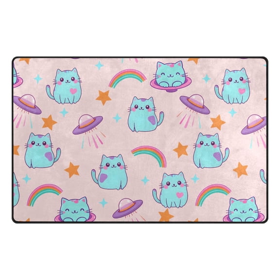 Cat Alien Spaceship Pentagram Rainbow Pattern Memory Foam Area Rug 31"x20" Non Slip, Absorbent, Fade Proof for Living Room, Bedroom, Office