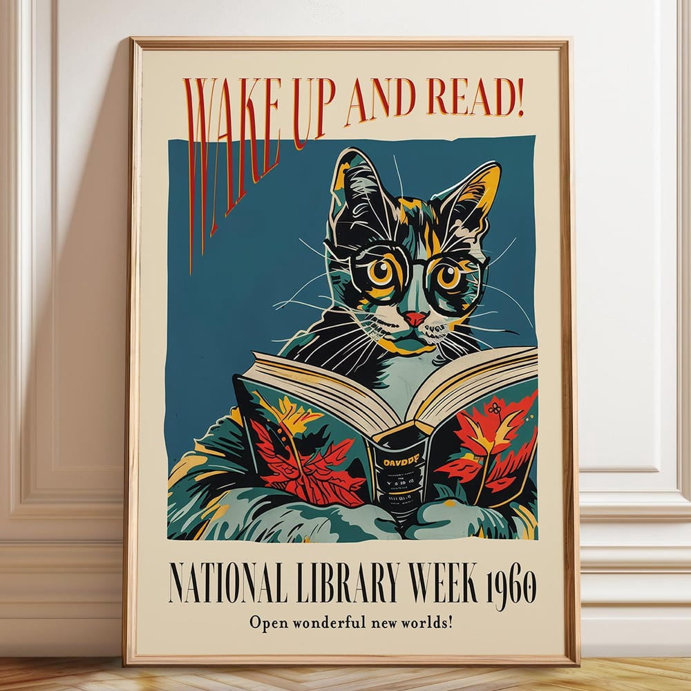 Cat And Book Poster - Wake Up And Read Inspiring Wall Decor - 1960 ...
