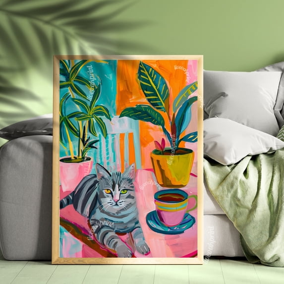 Cat And Coffee Boho Trending Art Bar Poster , Poster Print Only ...