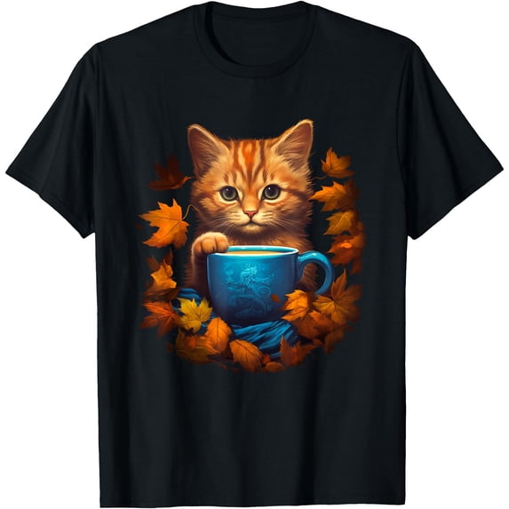 Cat And Coffee Fall Autumn Leaves For Cat Lovers Costume T-Shirt ...
