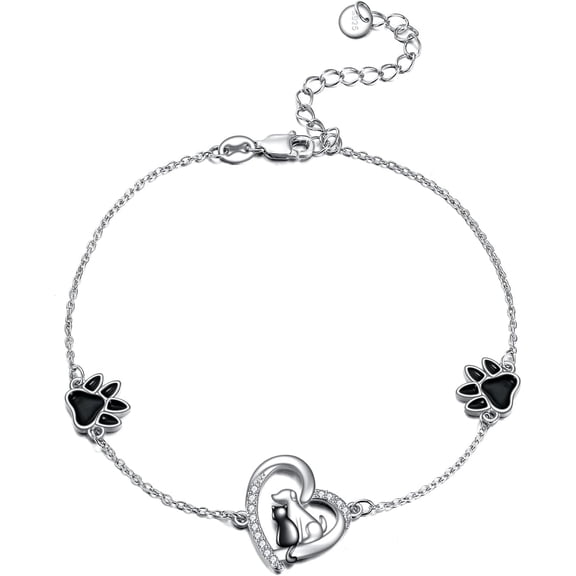 Cat And Dog Bracelet 925 Sterling Silver Heart Link Chain Bracelet Black Paw Jewelry Gifts For Women Cat Lover