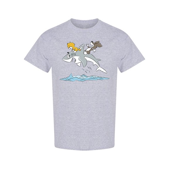 Cat And Dog Riding A Shark T-Shirt Men -Image by Shutterstock, Male Medium