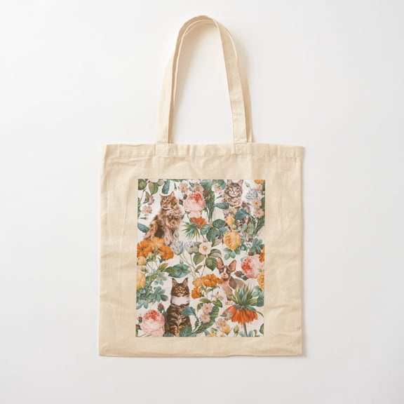 Cat And Floral Pattern Iii Cotton Tote Bag Canvas Tote Bag, Family Gift For Mother, Her
