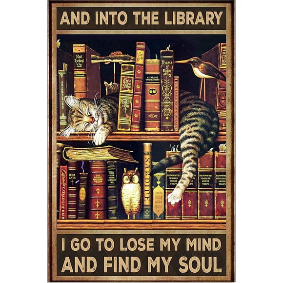 Cat And Into The Library I Go To Lose My Mind And Find My Soul Poster , Painting Art, Dining Room Wall Decor Ideas, Art Deco Frameless 12x16inch