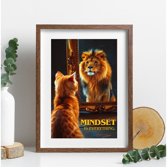Cat And Lion Reflection Poster Mindset Is Everything Art Print Tabby Cat Reflection Kitty Motivational Positive Inspiring Decor , Poster Only