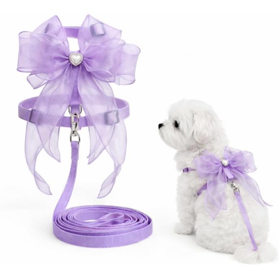 Cat And Small Dog Harness And Leash Set Adjustable H Style Sheer Bow Lightweight(Lavender,M)