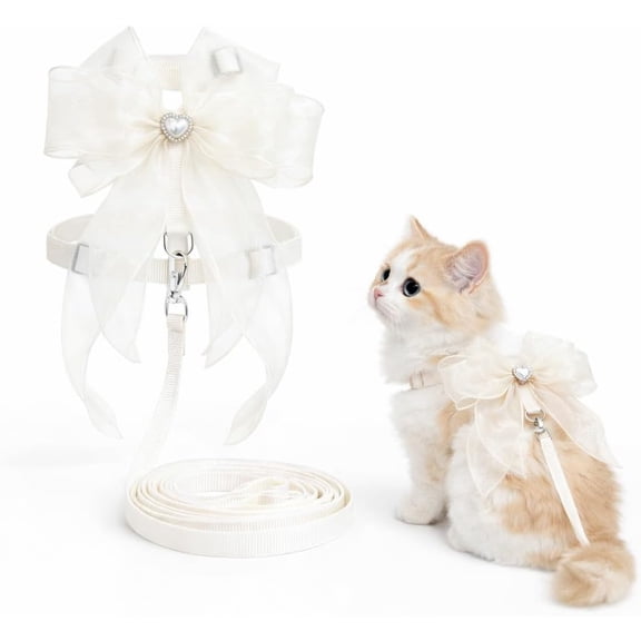 Cat And Small Dog Harness And Leash Set Adjustable H Style Sheer Bow Lightweight(White,M)