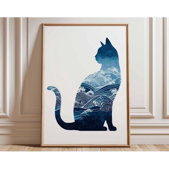 Cat And Waves Blue Ocean Cat Silhouette Wall Art Print, Unframed Paper Poster 8x10in