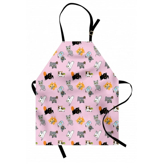Cat Apron Colorful Cute Kittens Playing with Fish Mice and Yarnball Different Breeds of Feline, Unisex Kitchen Bib Apron with Adjustable Neck for Cooking Baking Gardening, Multicolor, by Ambesonne