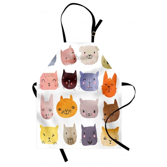 Cat Apron Cute Watercolor Effect Cat Heads in Colorful Humor Fun Purring Meow Animal Kids Artsy Print, Unisex Kitchen Bib Apron with Adjustable Neck for Cooking Baking Gardening, Multi, by Ambesonne