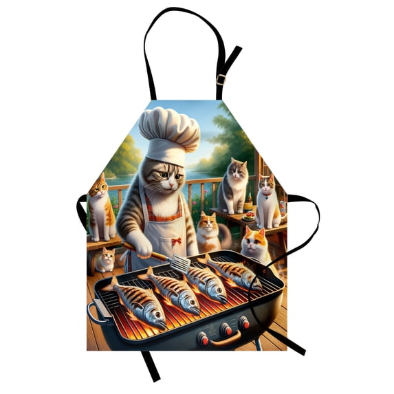 Cat Apron, Funny BBQ Themed Chef Kitty Grilling Fish for Pals Whimsical Backyard Barbecue Scene, Unisex Kitchen Bib with Adjustable Neck for Cooking Gardening, Adult Size, Green Orange, by Ambesonne