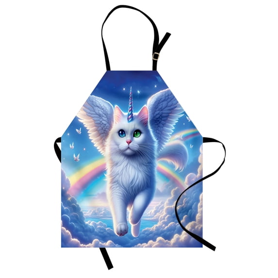 Cat Apron, Pegasus Like White Kitty with a Unicorn Horn Flying over Clouds Rainbows Sky, Unisex Kitchen Bib with Adjustable Neck for Cooking Gardening, Adult Size, Azure Blue Pale Pink, by Ambesonne