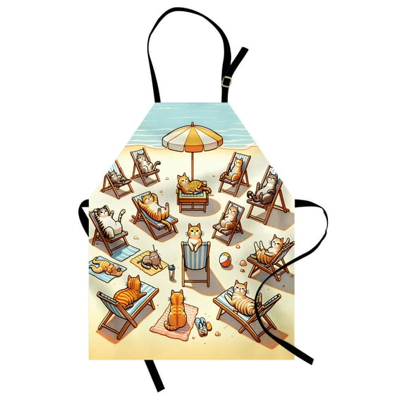 Cat Apron, Summer Time Fun Cartoon Sandy Beach Scene with Happy Kittens in Sun Beds, Unisex Kitchen Bib with Adjustable Neck for Cooking Gardening, Adult Size, Beige Orange Pale Blue, by Ambesonne